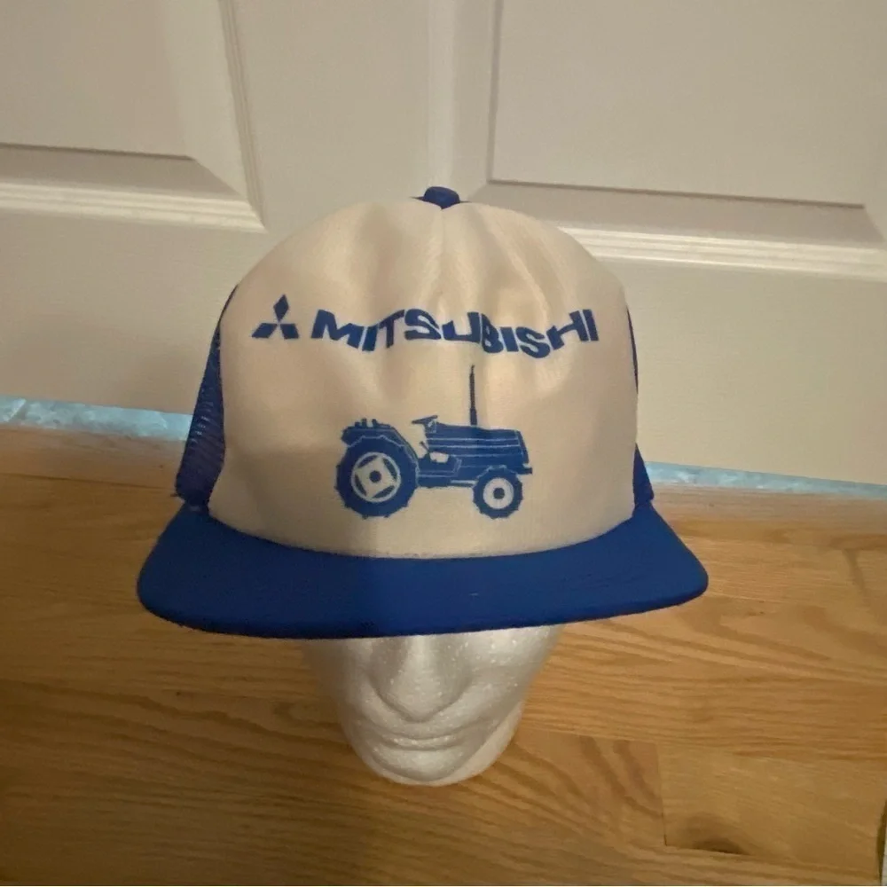 Vintage Mitsubishi Tractor Trucker Hat Snap Back Made in USA Mesh Back White